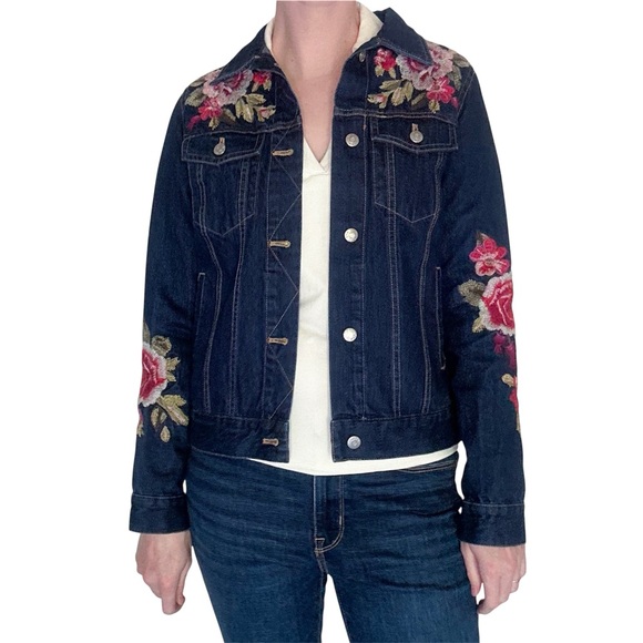 Johnny Was Jackets & Blazers - Johnny Was Desi Rose Floral Embroidered Blue Denim Button Jacket